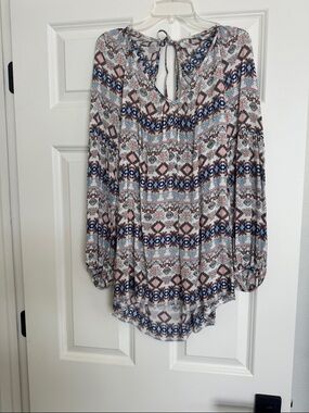 Soprano Blue and Pink Printed Peasant Blouse